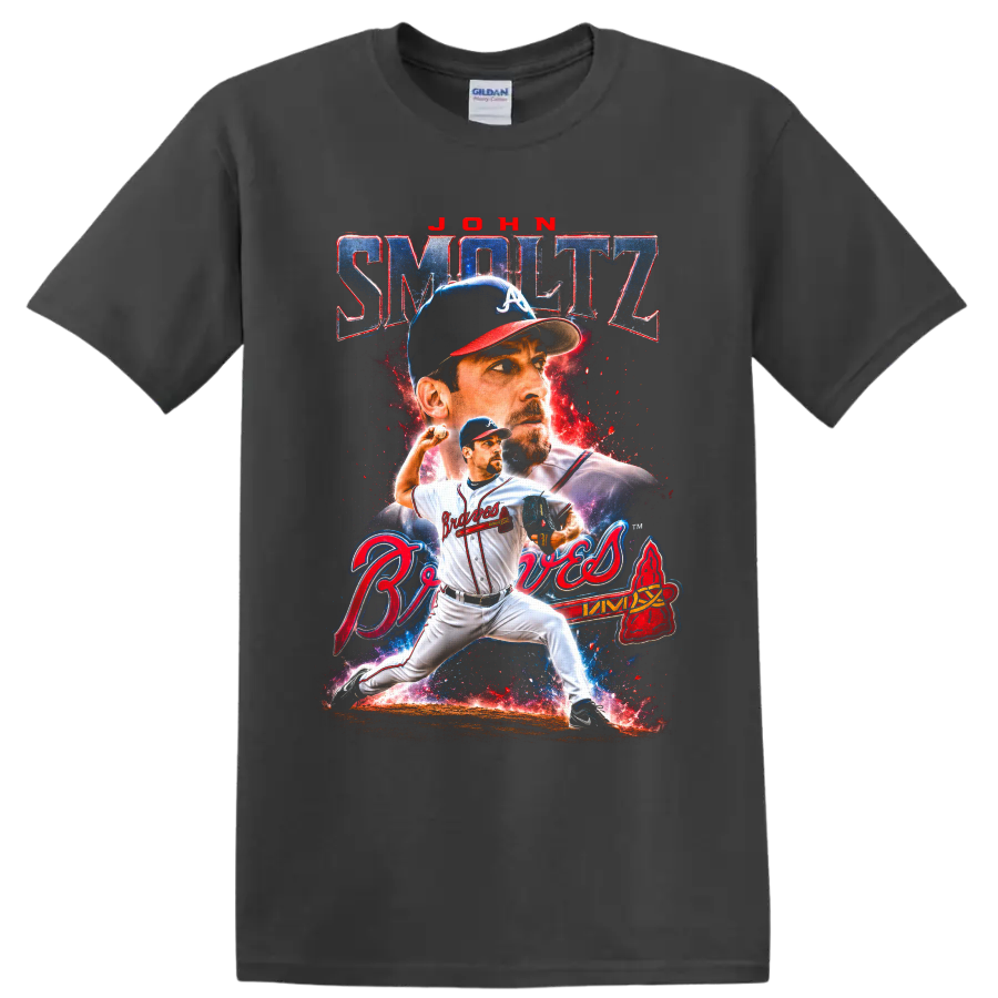 John Smoltz Atlanta Braves pitcher retro cosmic portrait and action graphic on a Charcoal T Shirt
