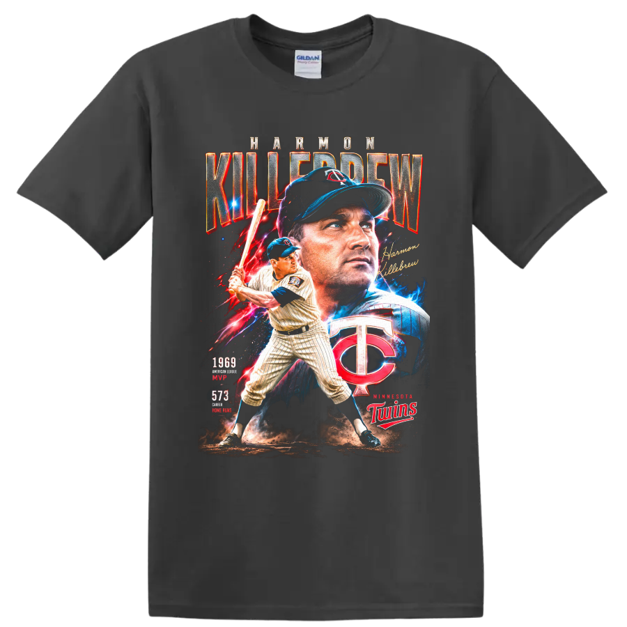 Harmon Killebrew Minnesota Twins vintage baseball collage with 1969 MVP and 573 home runs on a Charcoal T Shirt