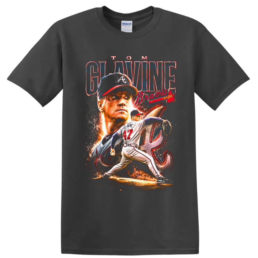 Tom Glavine Atlanta Braves pitcher portrait and number 47 action graphic on a Charcoal T Shirt