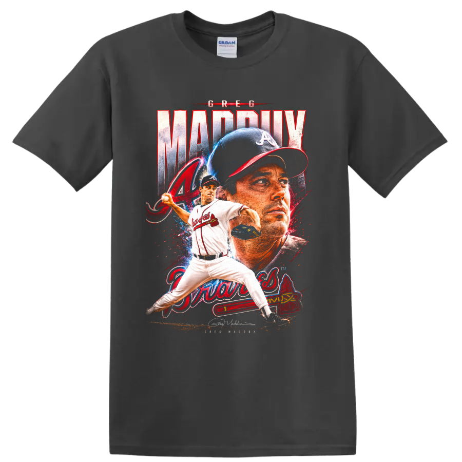 Greg Maddux Atlanta Braves pitcher portrait and pitching graphic with distressed lettering on a Charcoal T Shirt