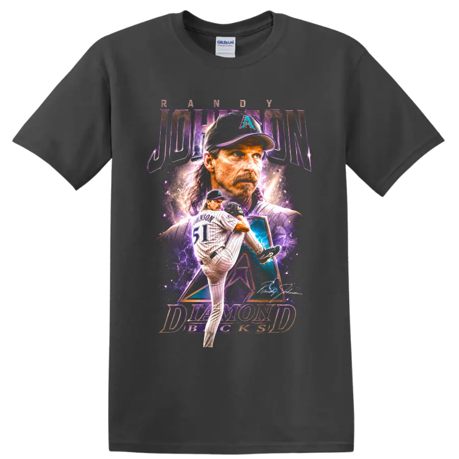 Randy Johnson Arizona Diamondbacks pitcher portrait and number 51 action graphic on a Charcoal T Shirt