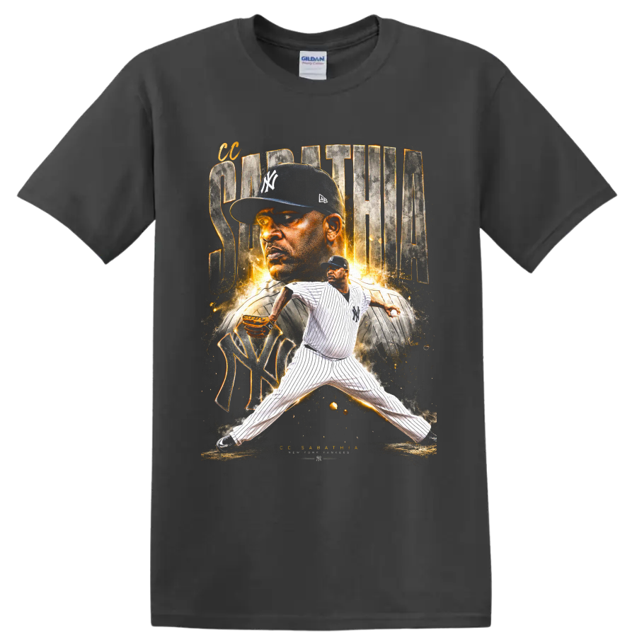 CC Sabathia New York Yankees pitcher graphic with portrait, pinstripes, and gold sparks on a Charcoal T Shirt