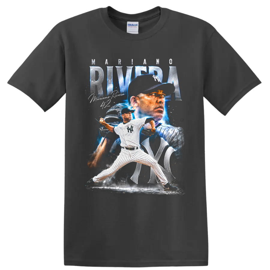 Mariano Rivera New York Yankees pitcher collage with No. 42 and electric blue accents on a Charcoal T Shirt