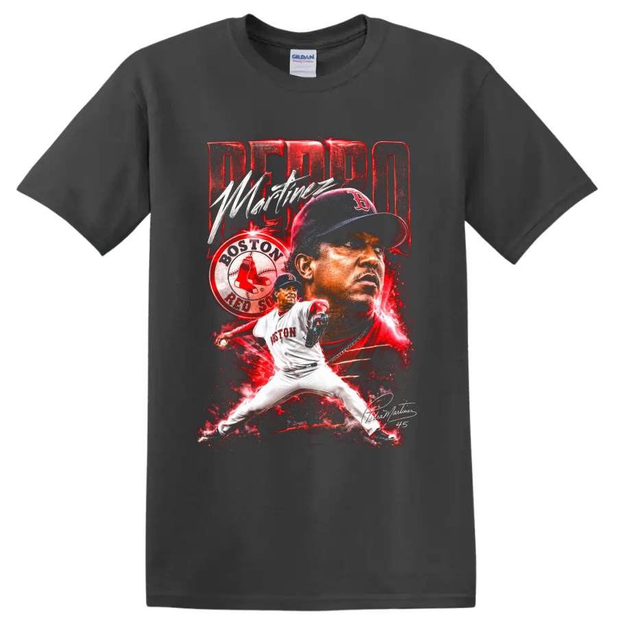 Pedro Martínez Boston Red Sox pitcher portrait and action baseball collage on a Charcoal T Shirt
