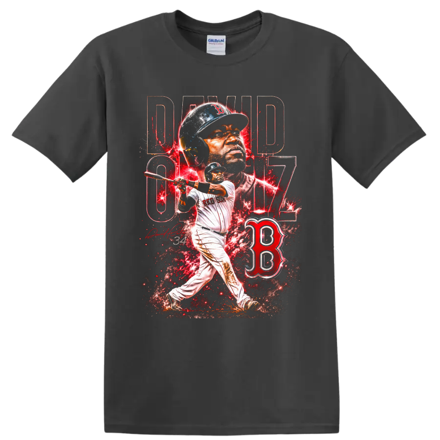 David Ortiz Big Papi 34 Boston Red Sox batting portrait and splatter graphic on a Charcoal T Shirt