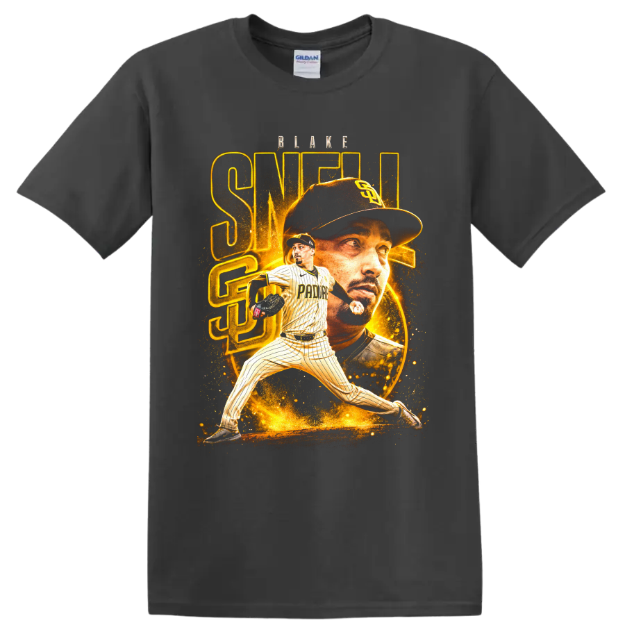 Blake Snell Padres pitcher portrait and action graphic with gold BLAKE SNELL text on a Charcoal T Shirt