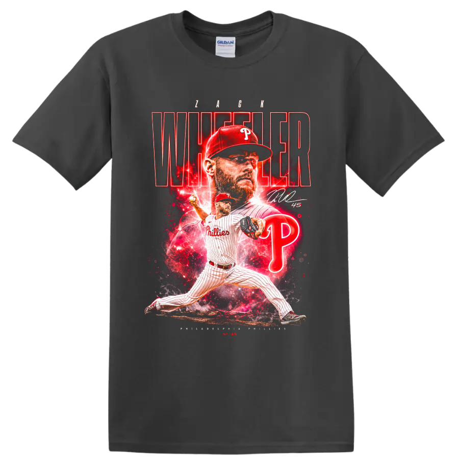 Zack Wheeler Phillies pitching collage with red neon Wheeler lettering and number 45 on a Charcoal T Shirt