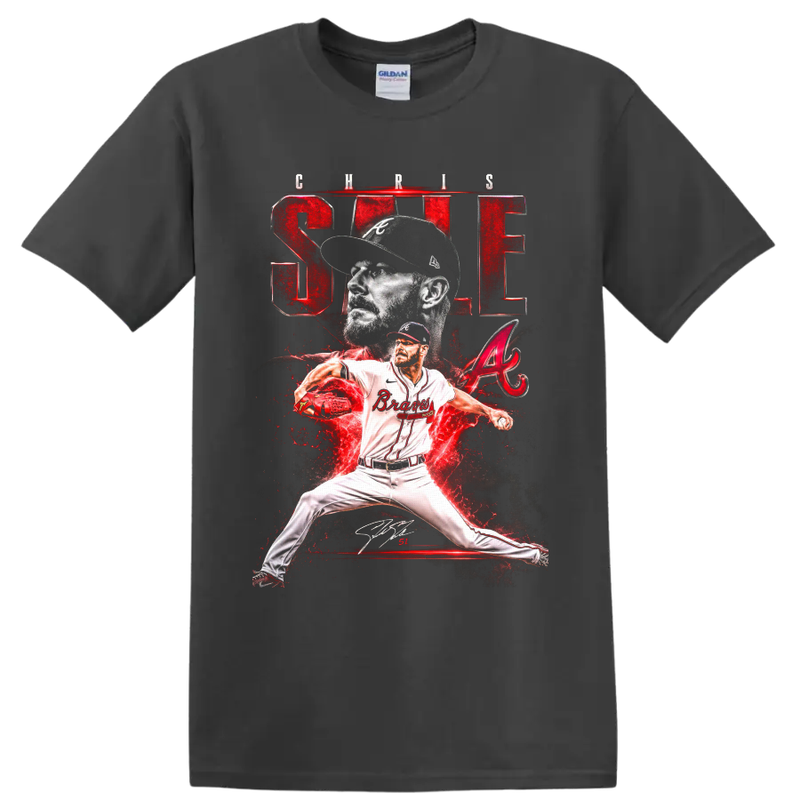 Chris Sale Atlanta Braves pitcher graphic with portrait, pitching pose, and red lightning on a Charcoal T Shirt