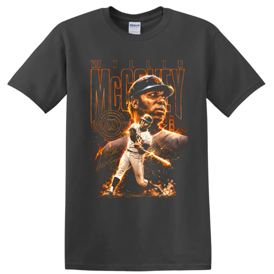 Willie McCovey San Francisco Giants baseball collage with batting action and Golden Gate on a Charcoal T Shirt