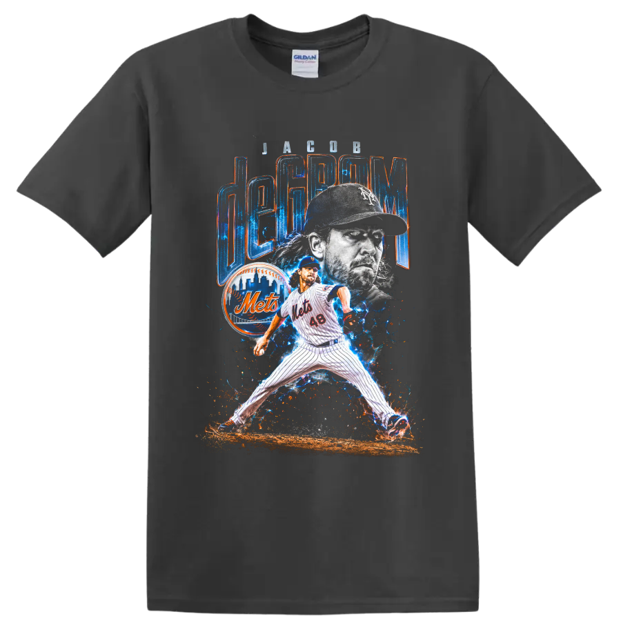 Jacob deGrom Mets pitcher collage with electric blue energy and deGrom lettering on a Charcoal T Shirt