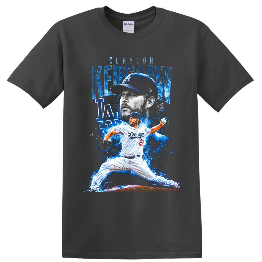 Clayton Kershaw Dodgers pitcher portrait and pitching action in electric blue art on a Charcoal T Shirt
