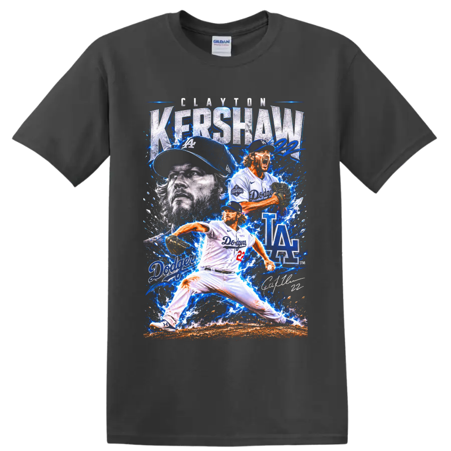 Clayton Kershaw Dodgers pitcher collage with LA graphics, number 22, and blue splashes on a Charcoal T Shirt
