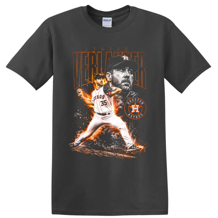 Justin Verlander Houston Astros pitcher collage with fiery action art and number 35 on a Charcoal T Shirt
