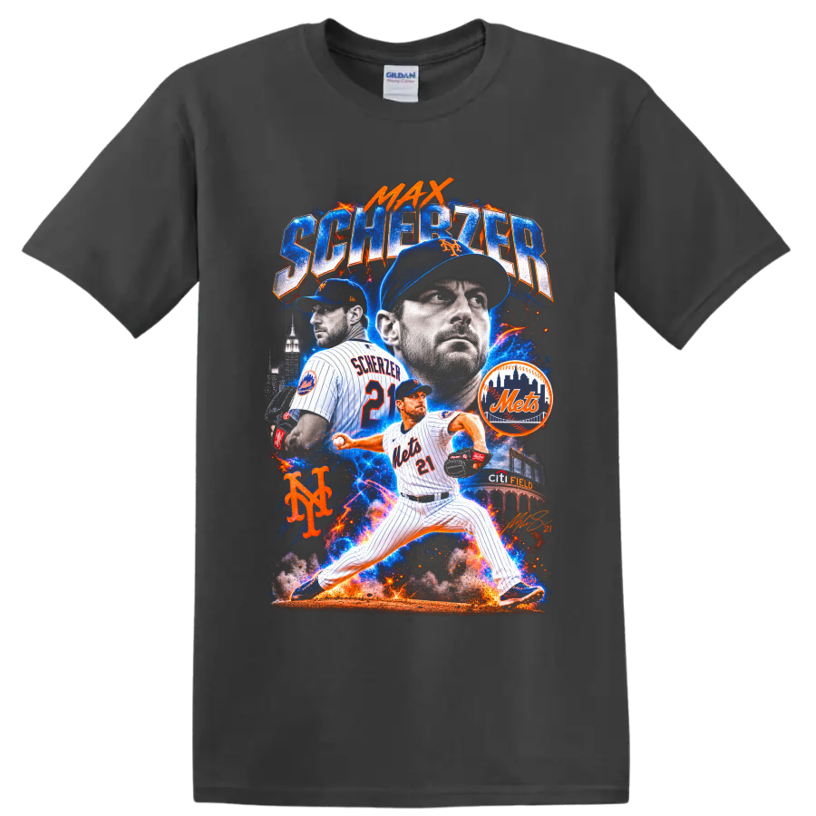 Max Scherzer New York Mets pitcher collage with Citi Field and electric baseball effects on a Charcoal T Shirt