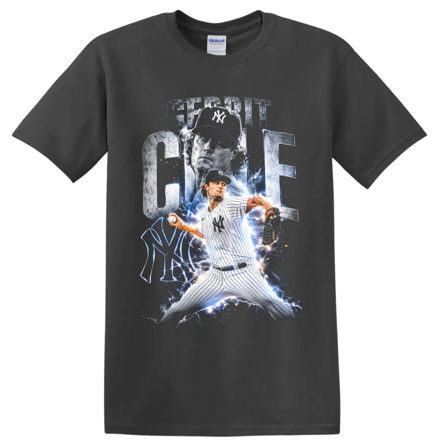 Gerrit Cole New York Yankees pitcher lightning graphic with bold name lettering on a Charcoal T Shirt