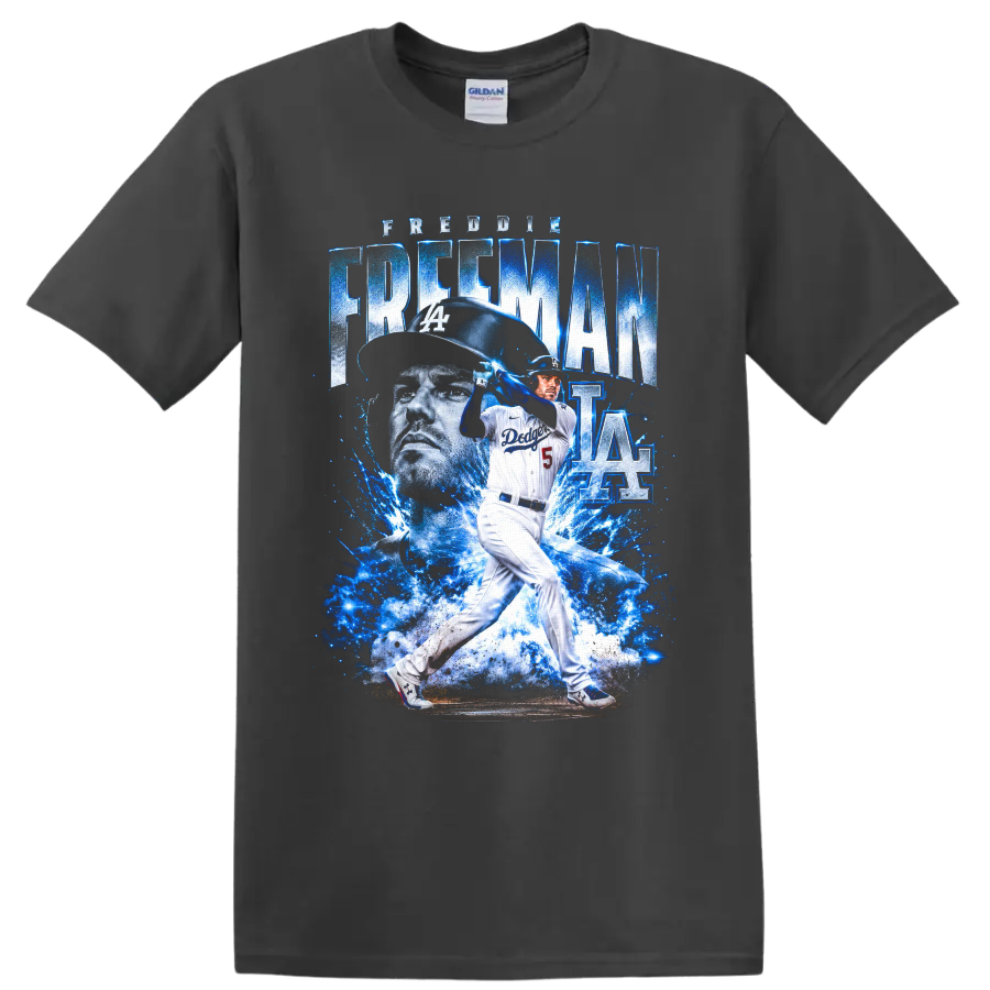 Freddie Freeman Dodgers batting graphic with blue lightning, portrait, and number 5 on a Charcoal T Shirt
