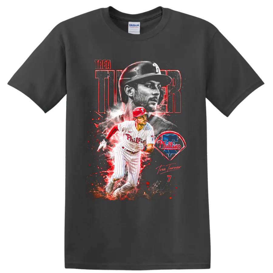 Trea Turner Phillies action collage with red energy effects, team emblem, and number 7 on a Charcoal T Shirt