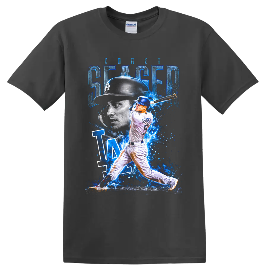 Corey Seager Los Angeles Dodgers batting collage with LA monogram and electric blue on a Charcoal T Shirt