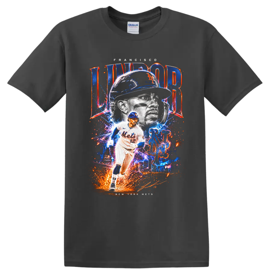 High-energy Francisco Lindor New York Mets portrait and action graphic with number 12 on a Charcoal T Shirt