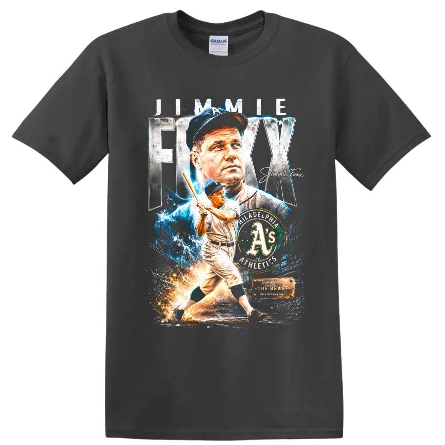 Jimmie Foxx Philadelphia Athletics vintage portrait and batting tribute graphic on a Charcoal T Shirt
