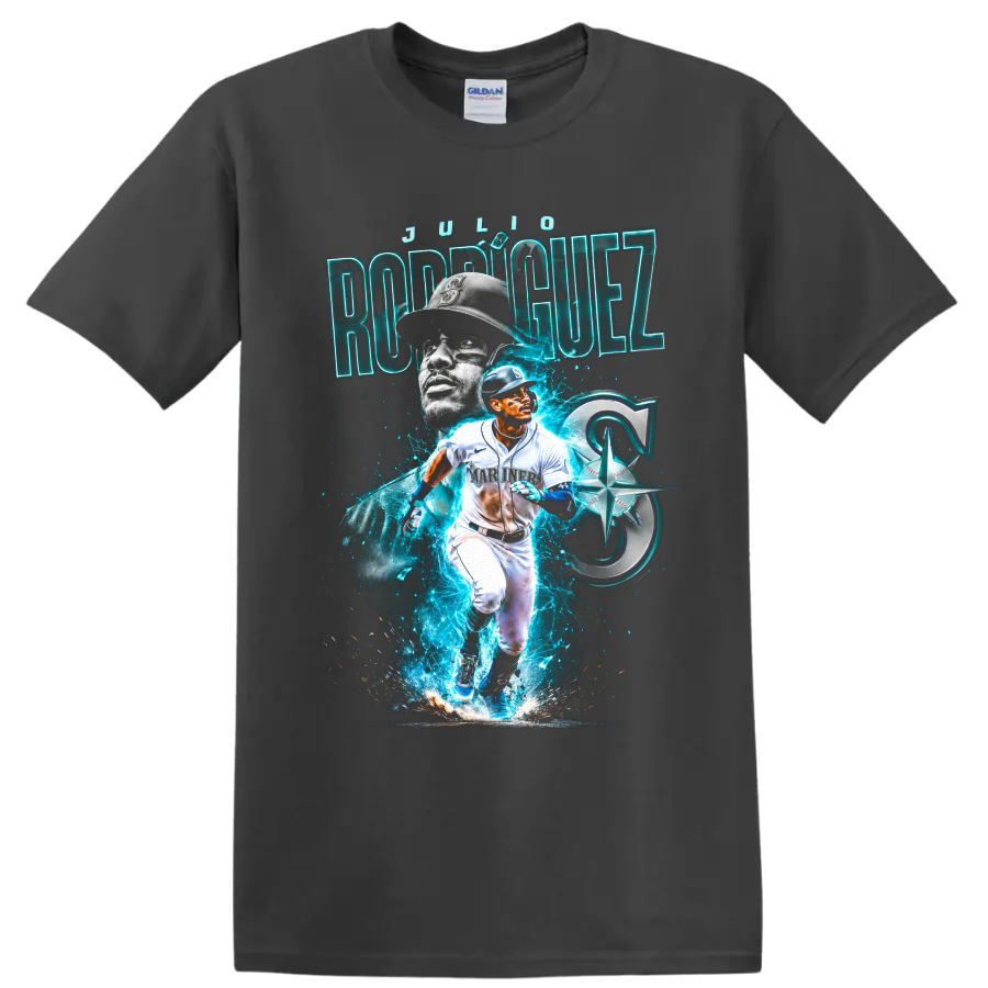 Julio Rodríguez Seattle Mariners neon action baseball portrait graphic on a Charcoal T Shirt