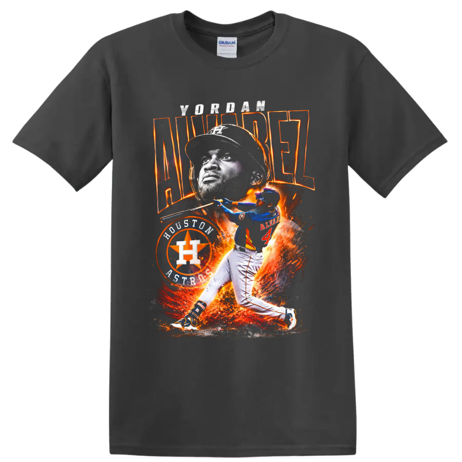 Yordan Alvarez Houston Astros fiery baseball portrait and batting graphic on a Charcoal T Shirt