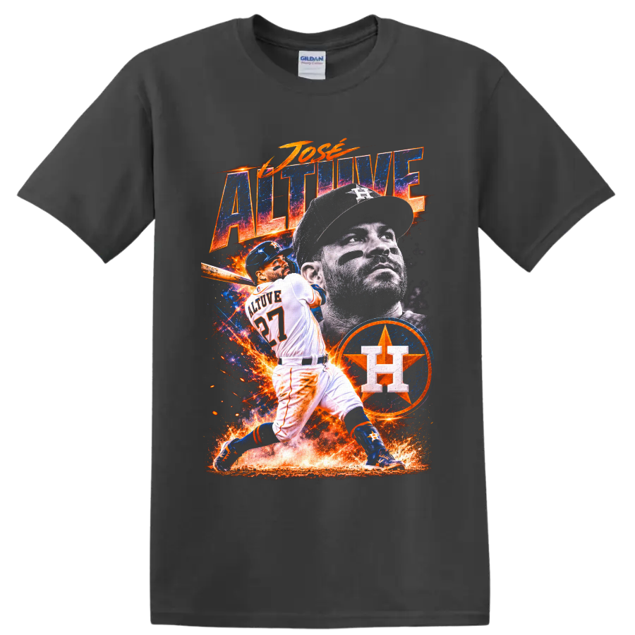 Jose Altuve Houston Astros fiery blue and orange baseball action collage on a Charcoal T Shirt