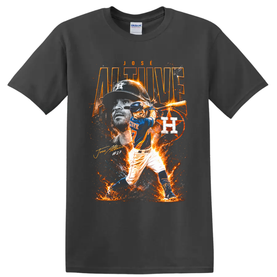 Jose Altuve Houston Astros No. 27 fiery baseball batting collage on a Charcoal T Shirt