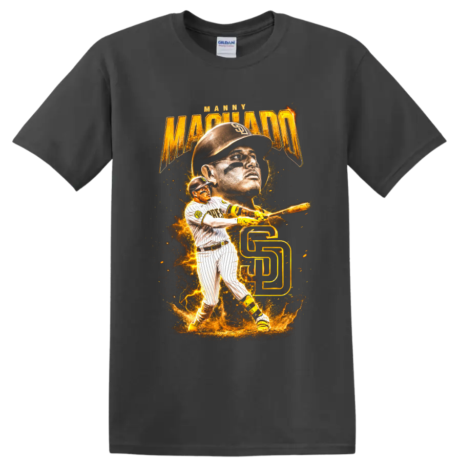 Manny Machado Padres portrait and batting graphic with gold SD monogram on a Charcoal T Shirt