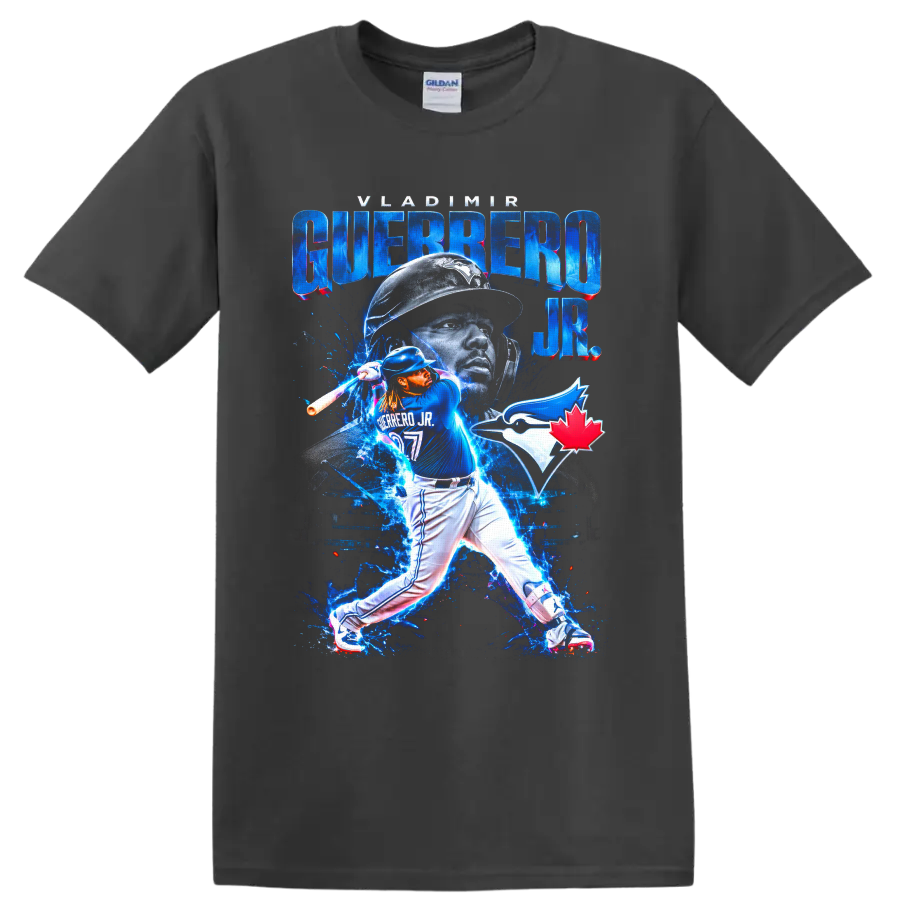 Vladimir Guerrero Jr. Blue Jays batting collage with electric blue effects and team logo on a Charcoal T Shirt