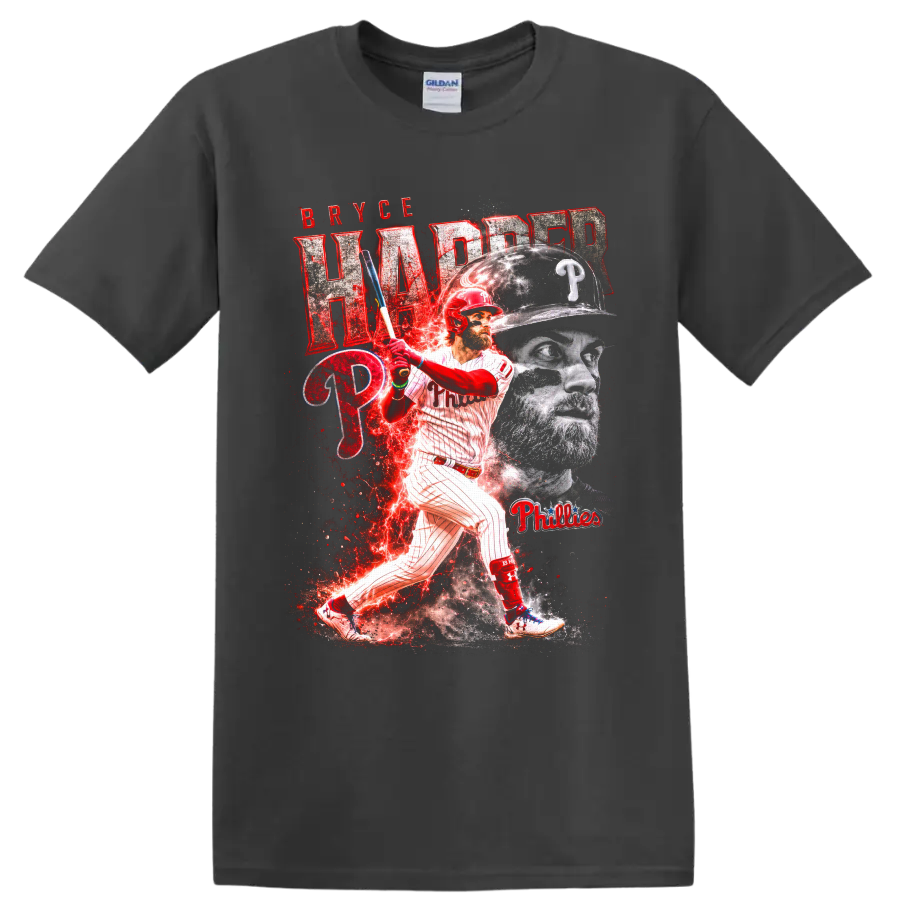 Bryce Harper Phillies batting graphic with portrait, team logos, and red lightning effects on a Charcoal T Shirt
