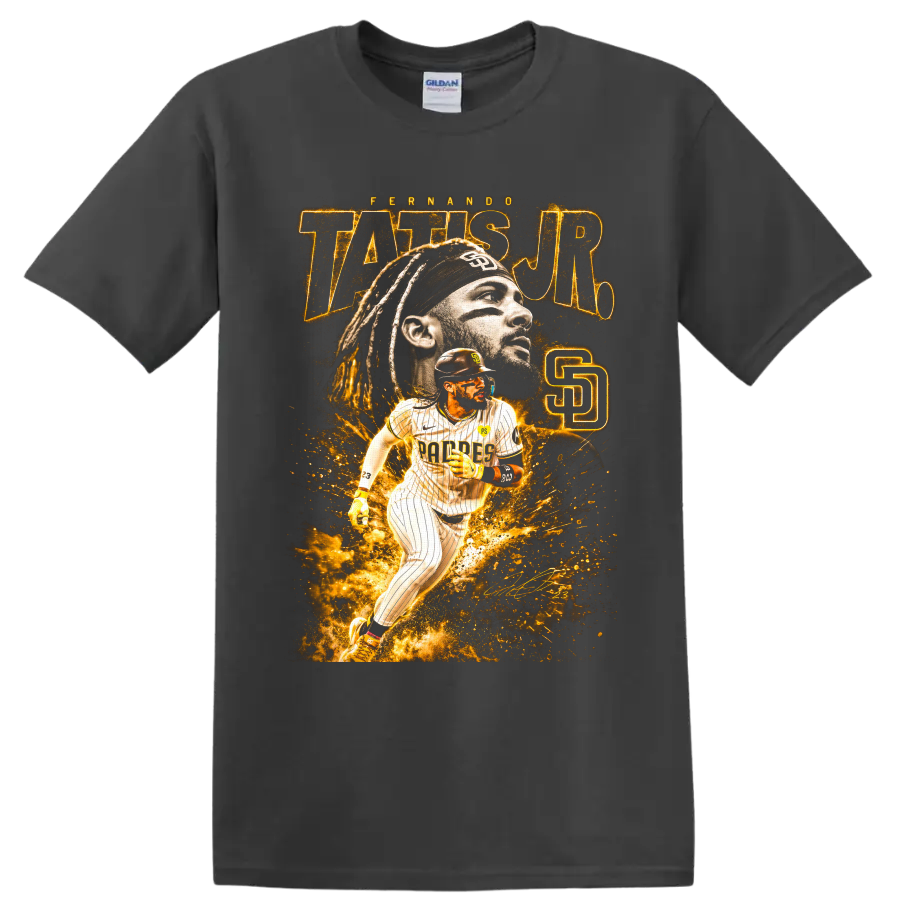 Fernando Tatis Jr. San Diego Padres portrait and action baseball graphic on a Charcoal T Shirt