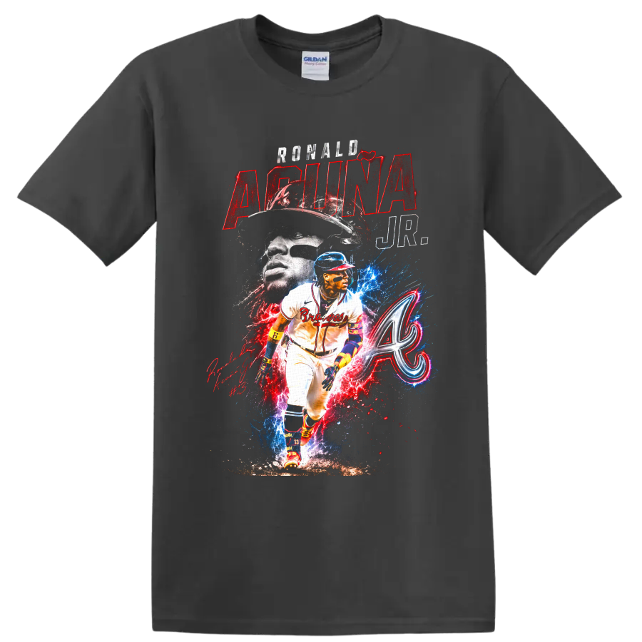 Ronald Acuña Jr. Atlanta Braves action and portrait collage with Braves A emblem on a Charcoal T Shirt