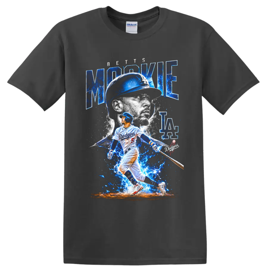 Mookie Betts Dodgers batting graphic with blue lightning, portrait, and LA lettering on a Charcoal T Shirt