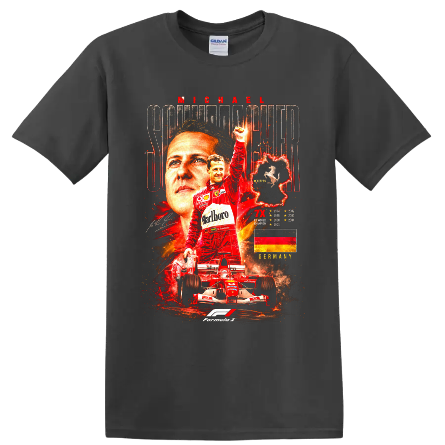 Michael Schumacher Ferrari Formula 1 championship collage with race car and German flag on a Charcoal T Shirt