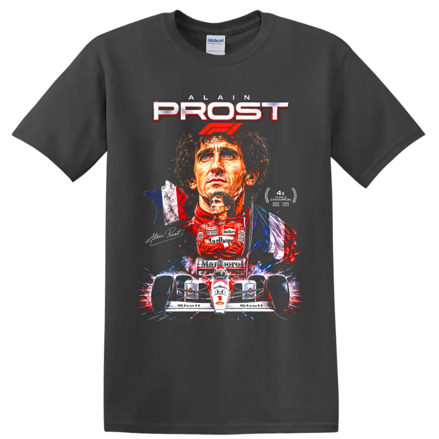Alain Prost Formula 1 portrait collage with race car, French flag, and PROST lettering on a Charcoal T Shirt