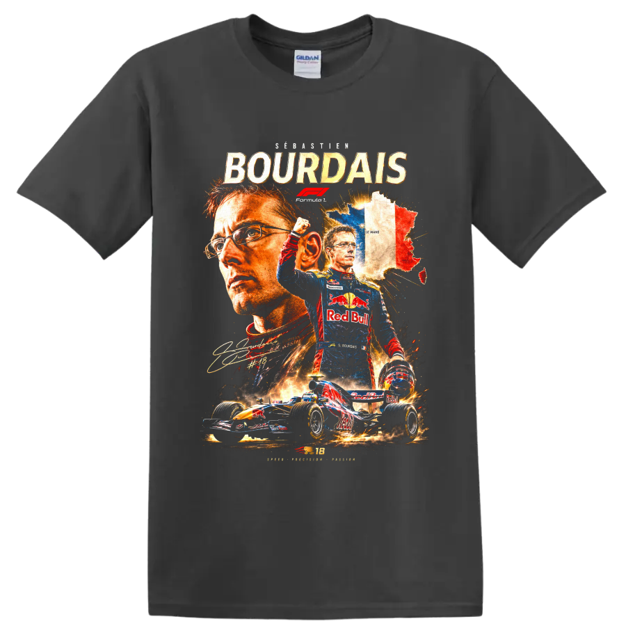 Sébastien Bourdais Toro Rosso Formula 1 collage with French map and race car on a Charcoal T Shirt