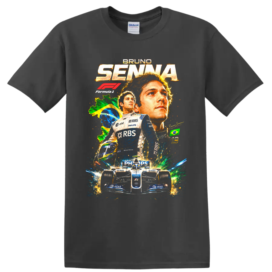 Bruno Senna Williams Formula 1 collage with Brazil flag, helmet, and race car on a Charcoal T Shirt