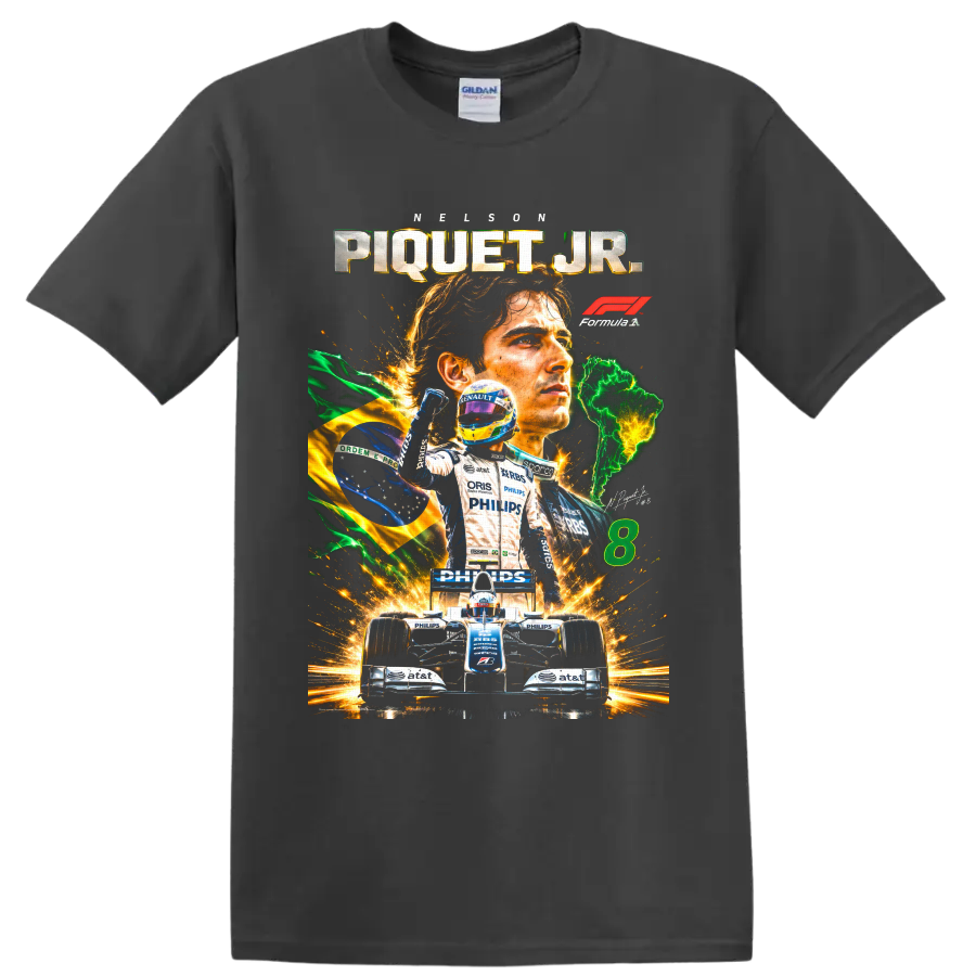 Nelson Piquet Jr Formula 1 racing collage with Brazilian flag, race car, and number 8 on a Charcoal T Shirt