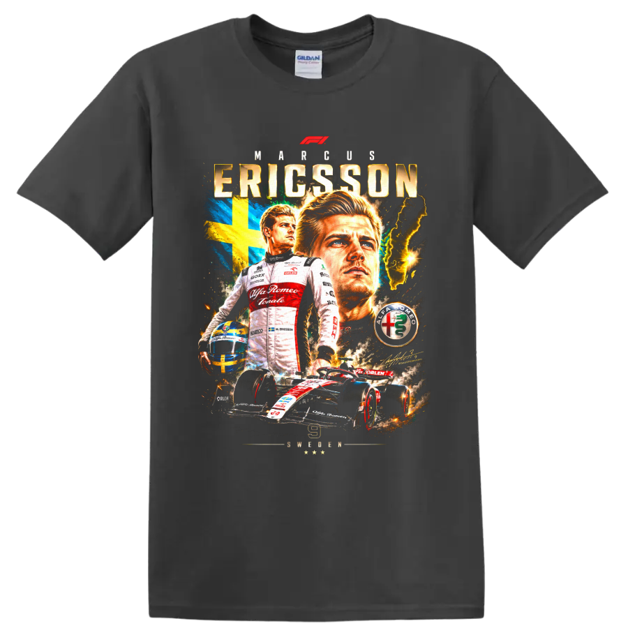 Marcus Ericsson racing poster graphic with Swedish flag, helmet, Formula 1 car, and on a Charcoal T Shirt