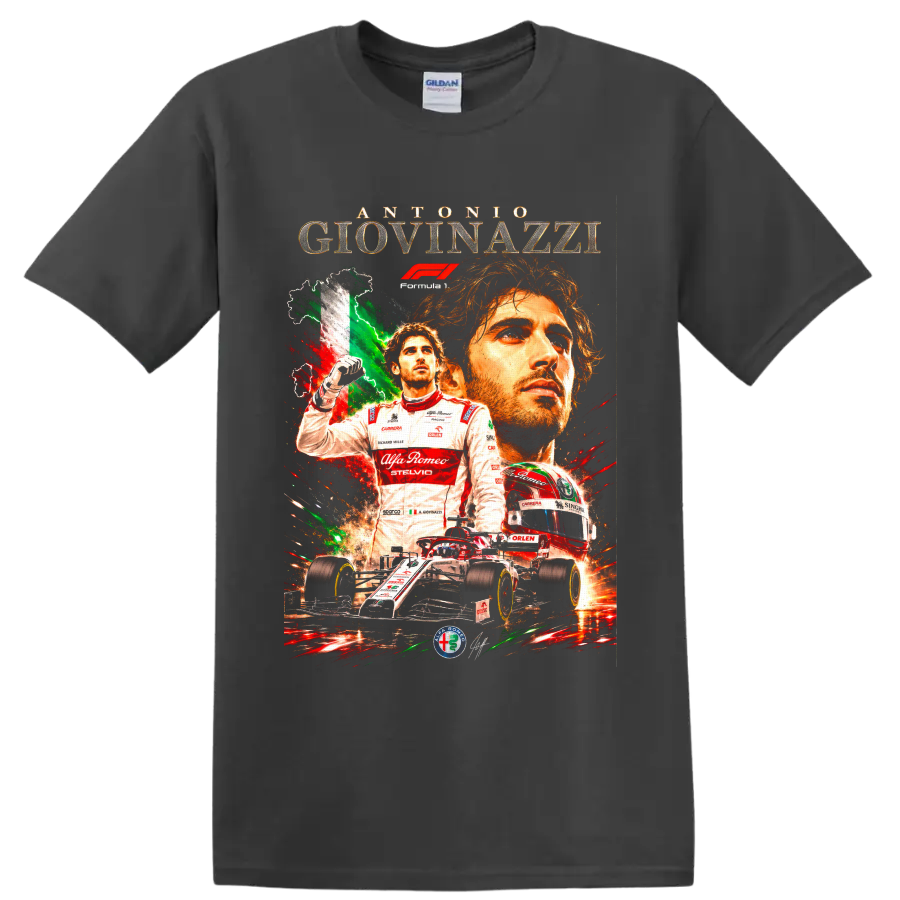 Antonio Giovinazzi Alfa Romeo Racing Formula 1 collage with helmet and race car on a Charcoal T Shirt