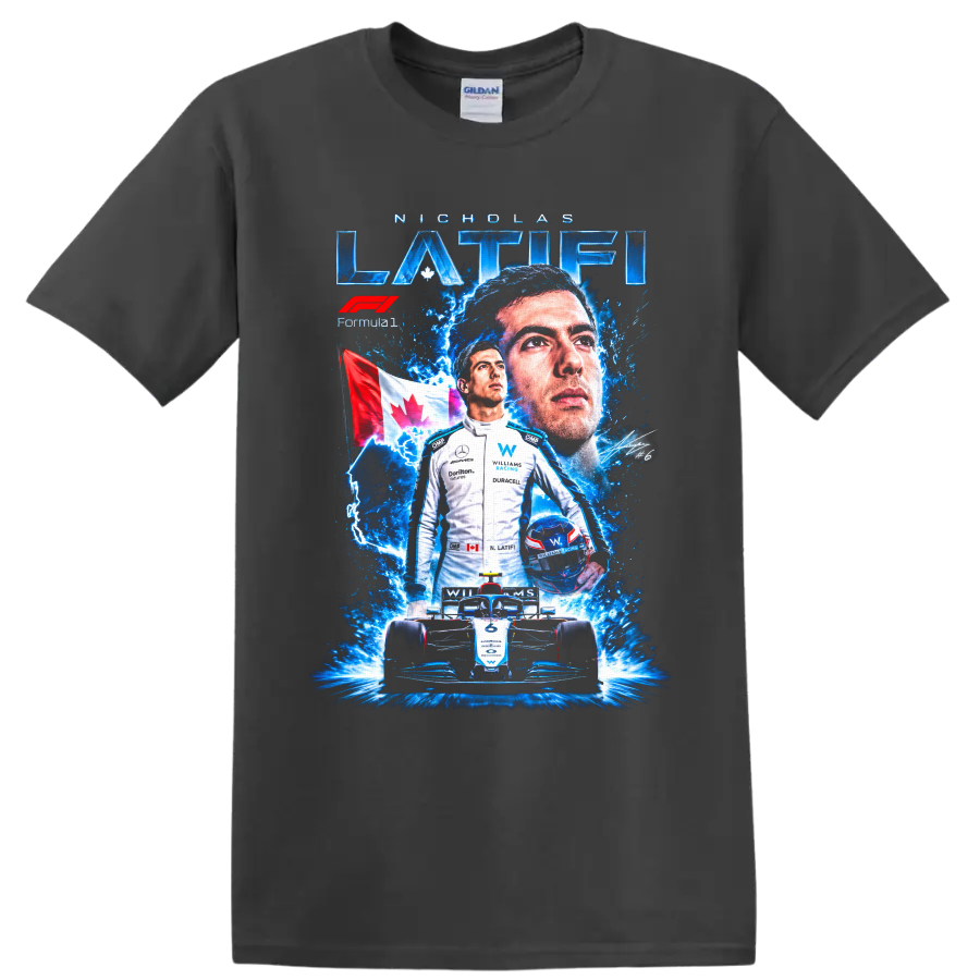 Nicholas Latifi Williams Racing Formula 1 collage with Canadian flag and number 6 car on a Charcoal T Shirt