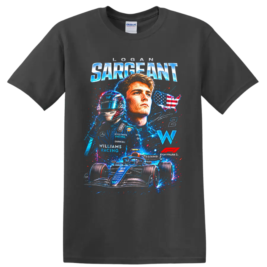 Logan Sargeant Williams Racing Formula 1 portrait, helmet, No. 2 car graphic on a Charcoal T Shirt