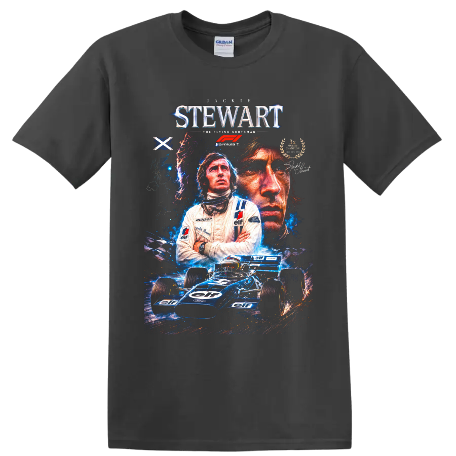 Jackie Stewart Formula 1 portrait collage with blue Tyrrell race car and racing text on a Charcoal T Shirt