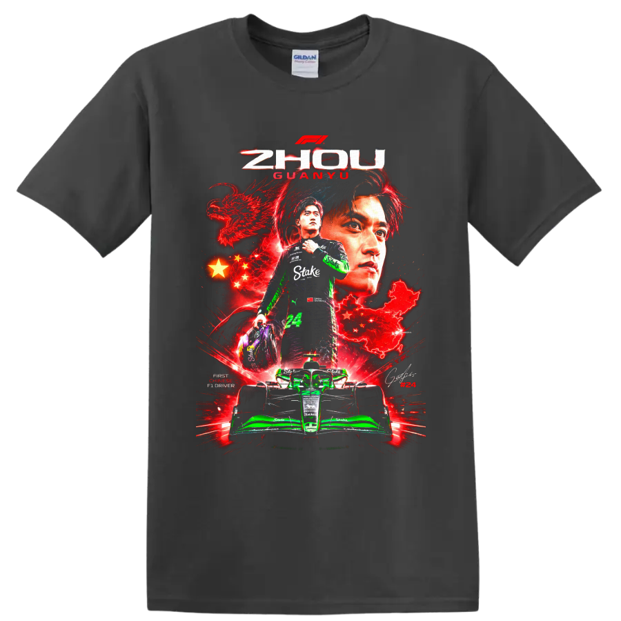Zhou Guanyu Formula 1 number 24 racing collage with dragon, Chinese stars, and green car on a Charcoal T Shirt