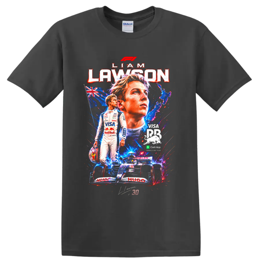 Liam Lawson Formula 1 portrait collage with number 30 car and New Zealand flag on a Charcoal T Shirt