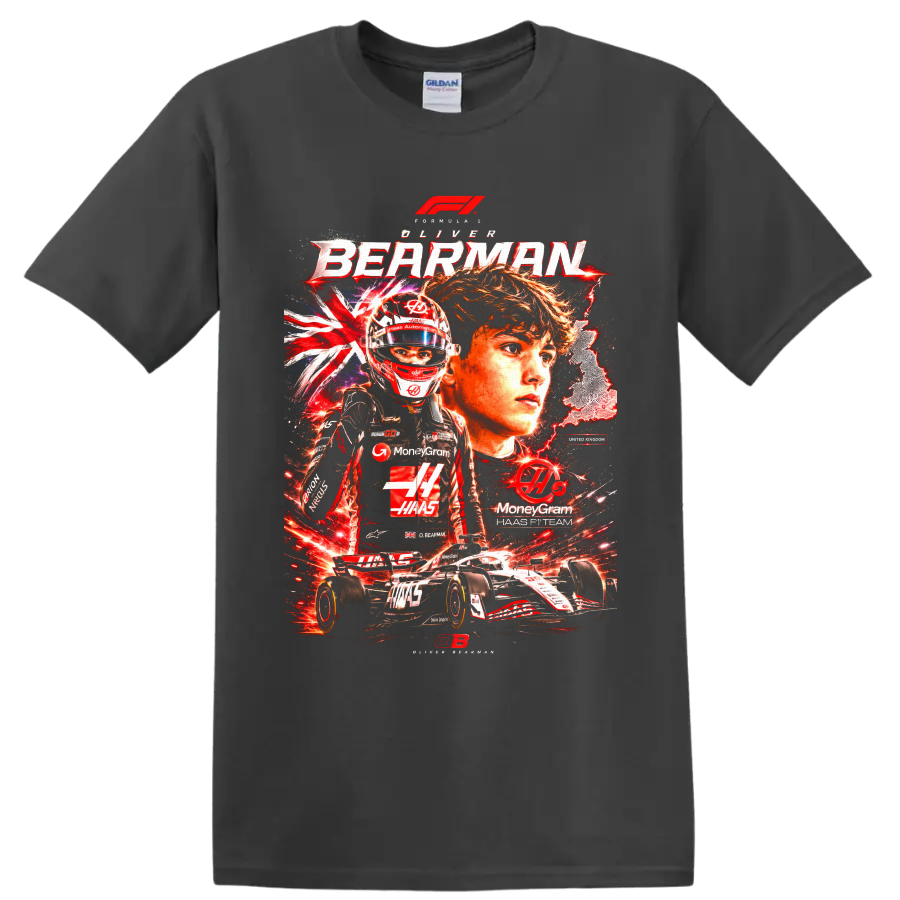 Oliver Bearman Haas Formula 1 driver collage with helmet, race car, and British motifs on a Charcoal T Shirt