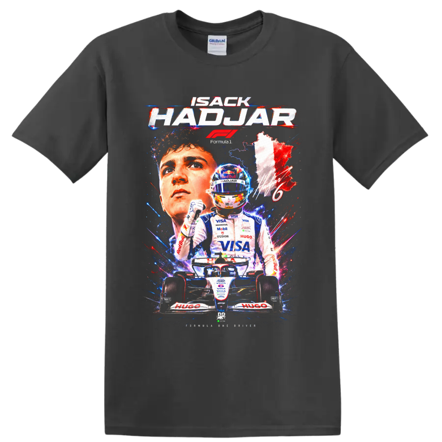 Isack Hadjar Racing Bulls Formula 1 graphic with portrait, helmet, and number 6 car on a Charcoal T Shirt