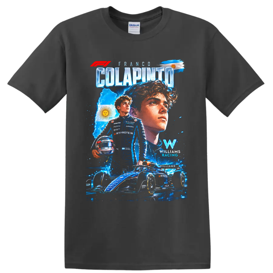 Franco Colapinto Williams Racing Formula 1 portrait, race car, and Argentina flag collage on a Charcoal T Shirt