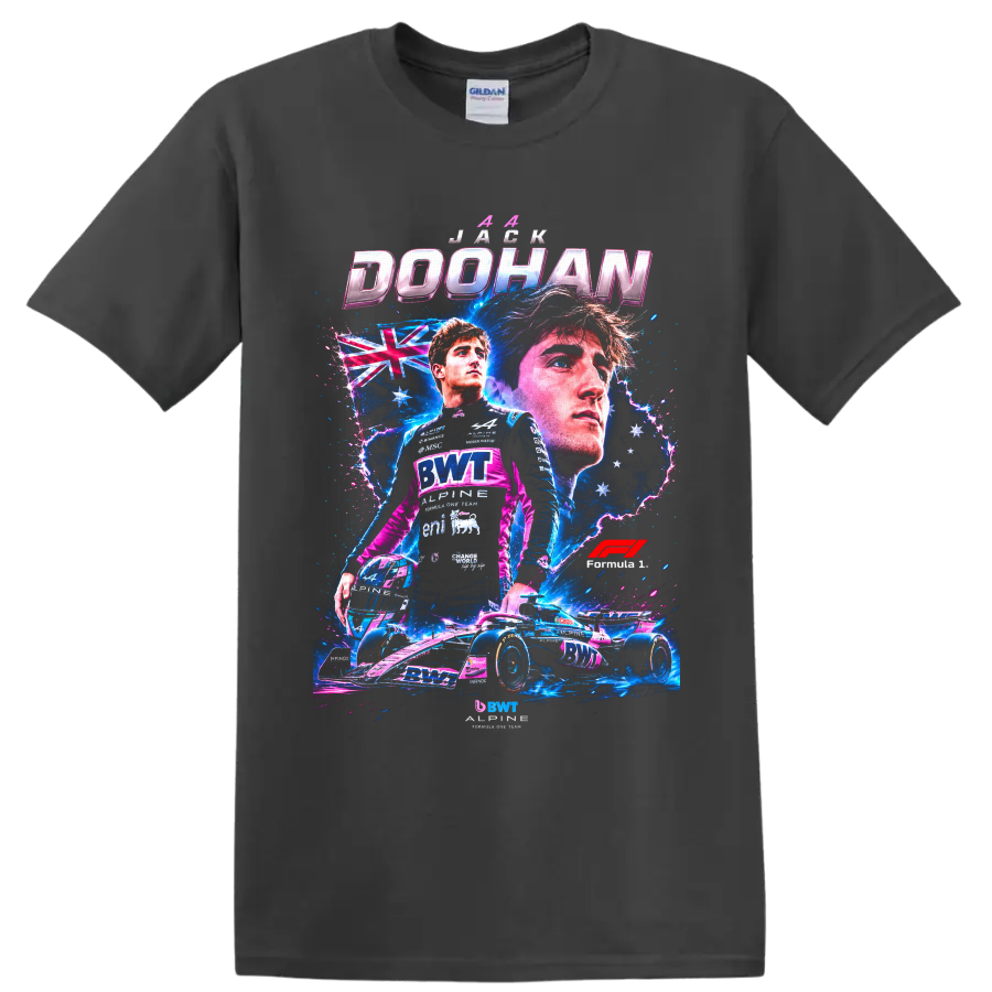 Jack Doohan Alpine Formula 1 driver and race car neon collage with Australian flag on a Charcoal T Shirt